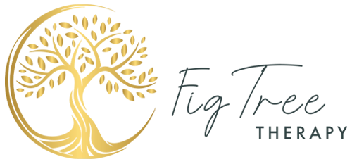 Fig Tree Therapy logo featuring a golden fig tree with swirling trunk and abundant leaves inside a circular arc, paired with elegant handwritten and modern sans-serif text.